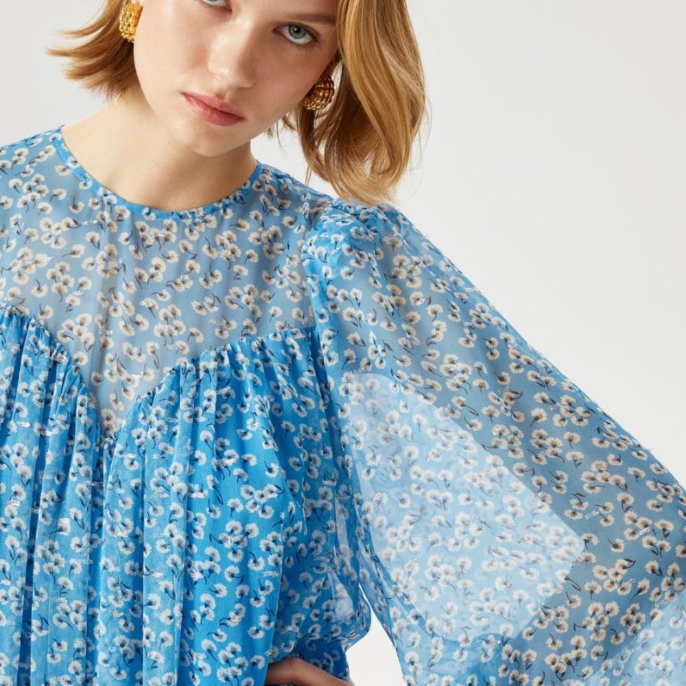 Blue Floral Mini Ruffle Dress - Picture 2 of 3